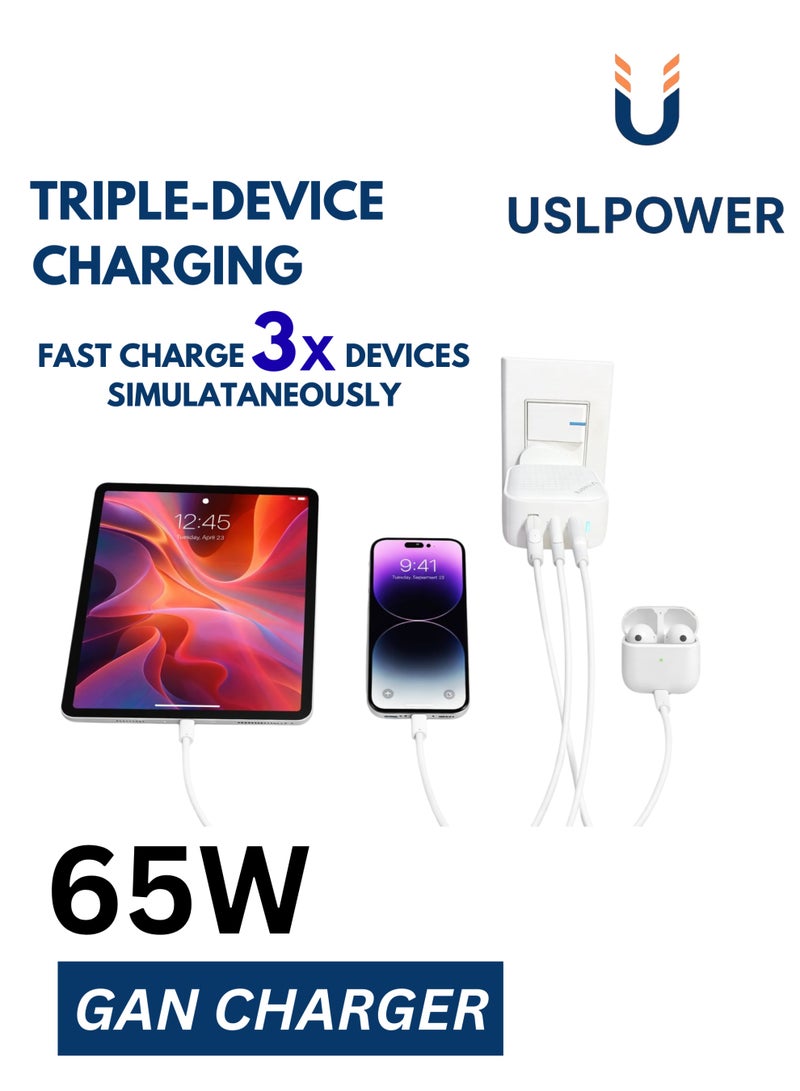 USLPOWER Power Adaptor 65W GaN Fast Charger PD, USB-C x2 + USB-A 3-Port Wall Adapter, Super Fast Charging, UK Plug, Compatible with Smartphones, Tablets & Laptops - Image 3